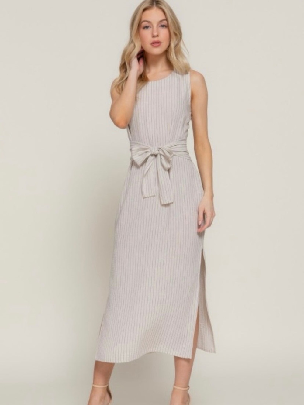 Taupe/Black Sleeveless Striped Linen Effect Midi Spring Summer Dress